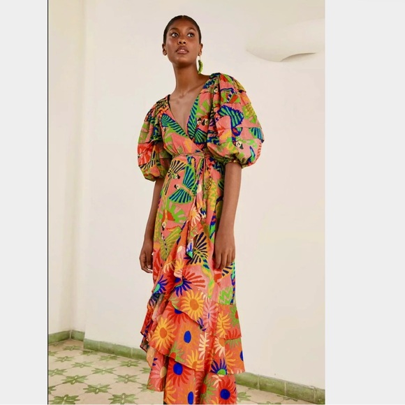 NWT - FARM Rio Coral Mixed Graphic Macaws Puff Sleeve Midi Dress / Size S - Picture 6 of 15